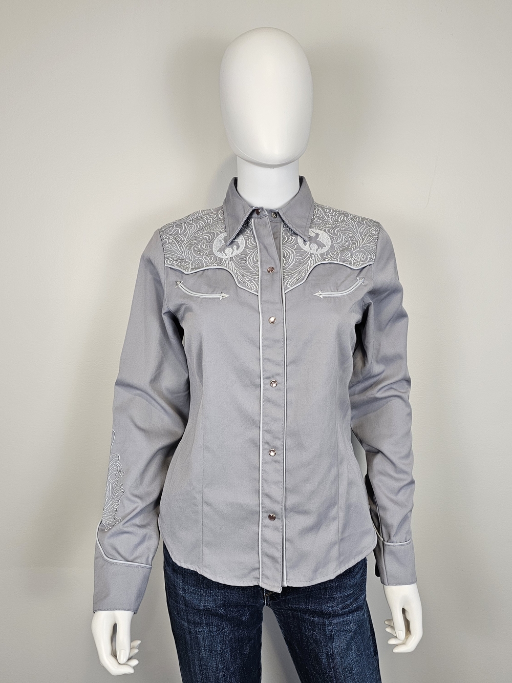 Roper Light Grey Embroidered Rodeo Button Up Collared Shirt Sz S